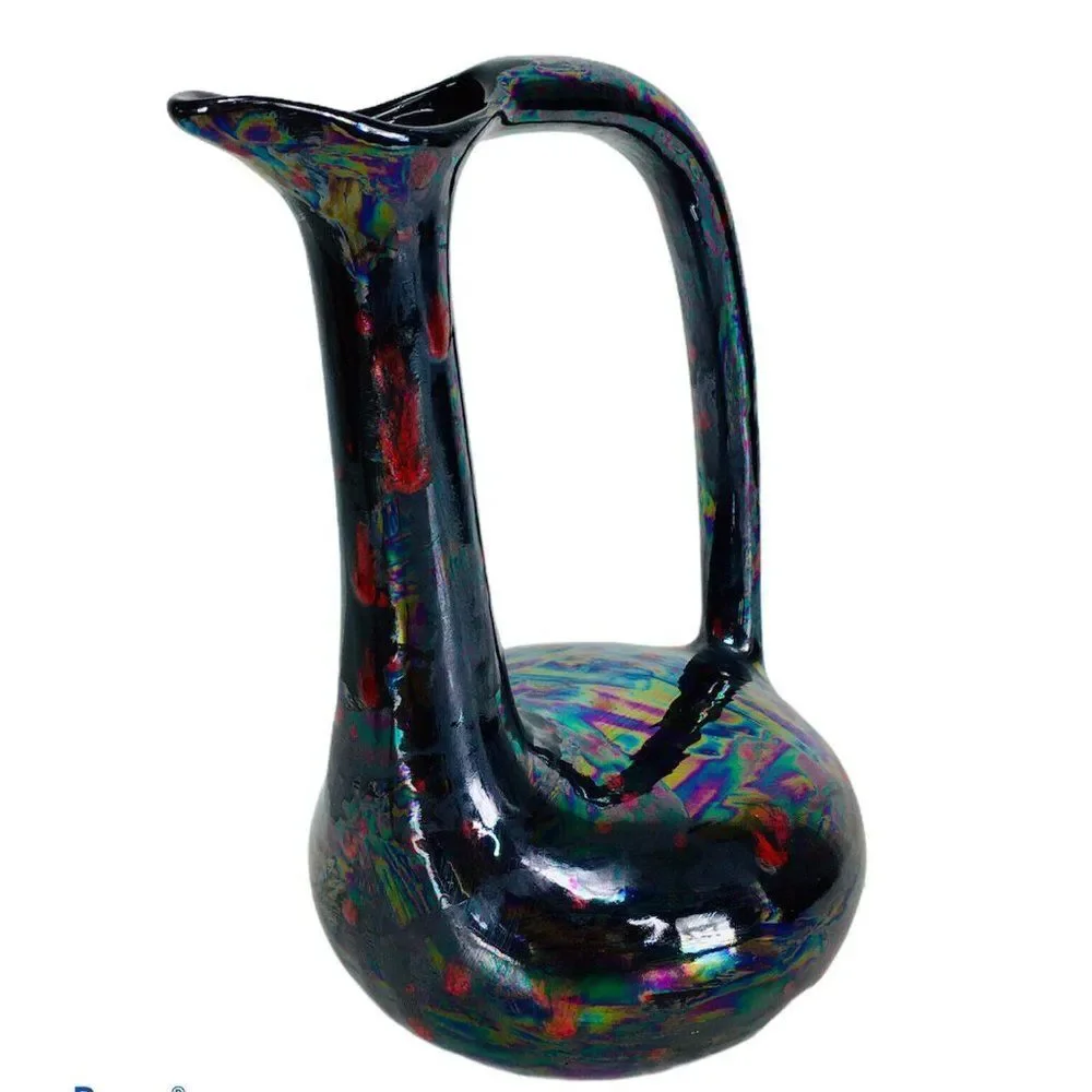 Vintage Black Iridescent Glazed Oil slick Petrol Gothic Bird Ewer Pitcher Vase